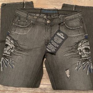Affliction Gray Destroyed Skull Jeans 38x34 NWT